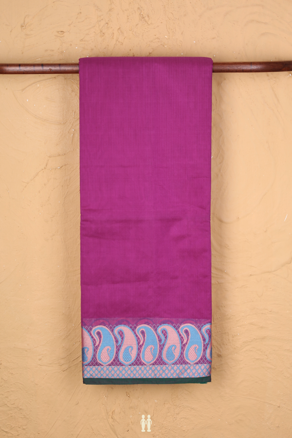 Kora Silk Cotton Saree In Plain Purple With Paisley Border
