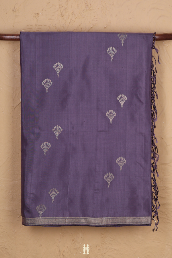 Soft Silk Saree In Greyish Purple With Zari Buttas