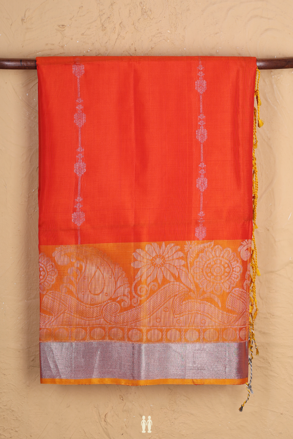 Soft Silk Saree In Bright Orange With Stripes Design