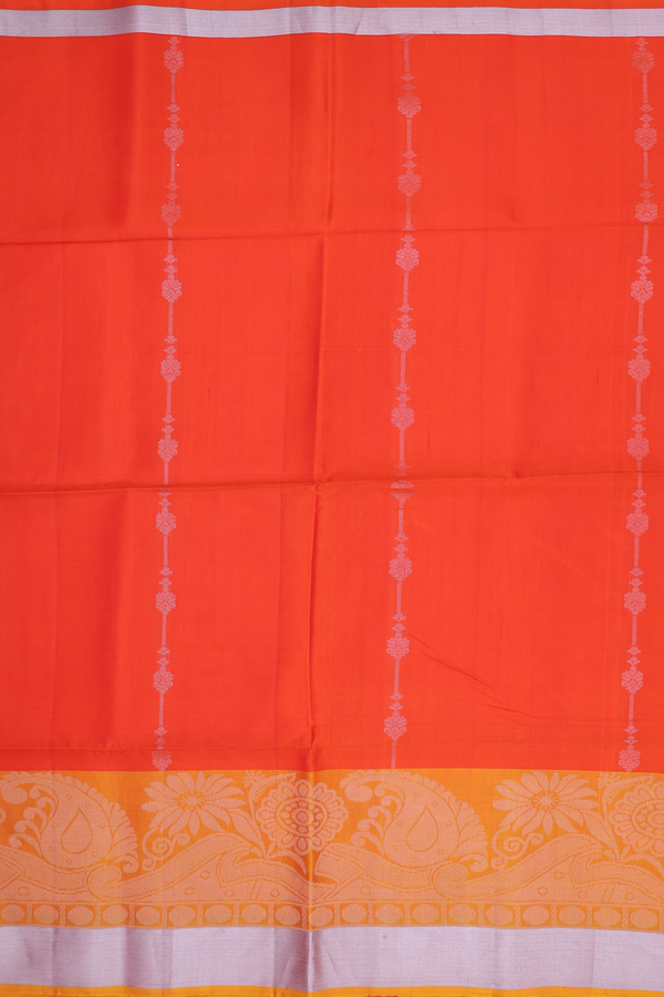 Soft Silk Saree In Bright Orange With Stripes Design
