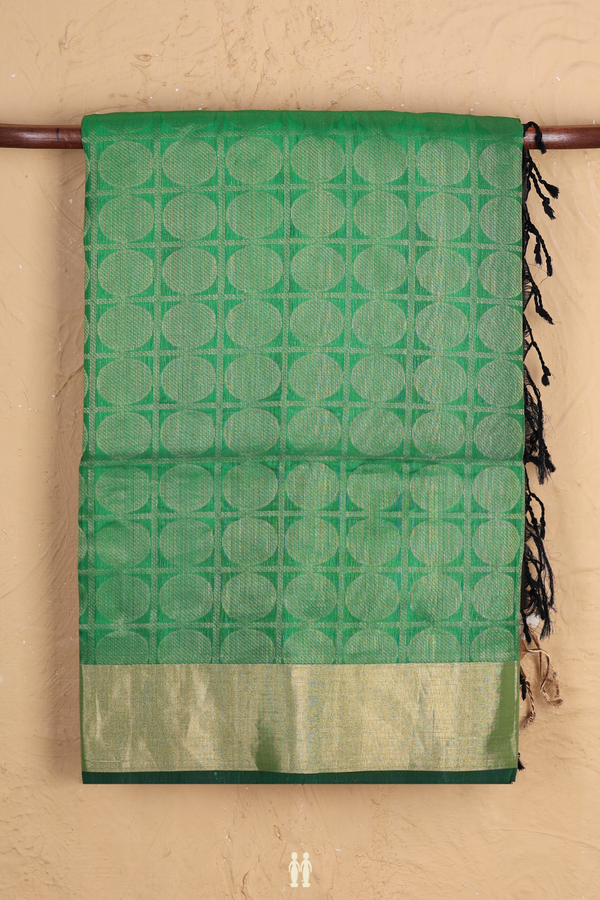 Soft Silk Saree In Green With Checks Along Buttas