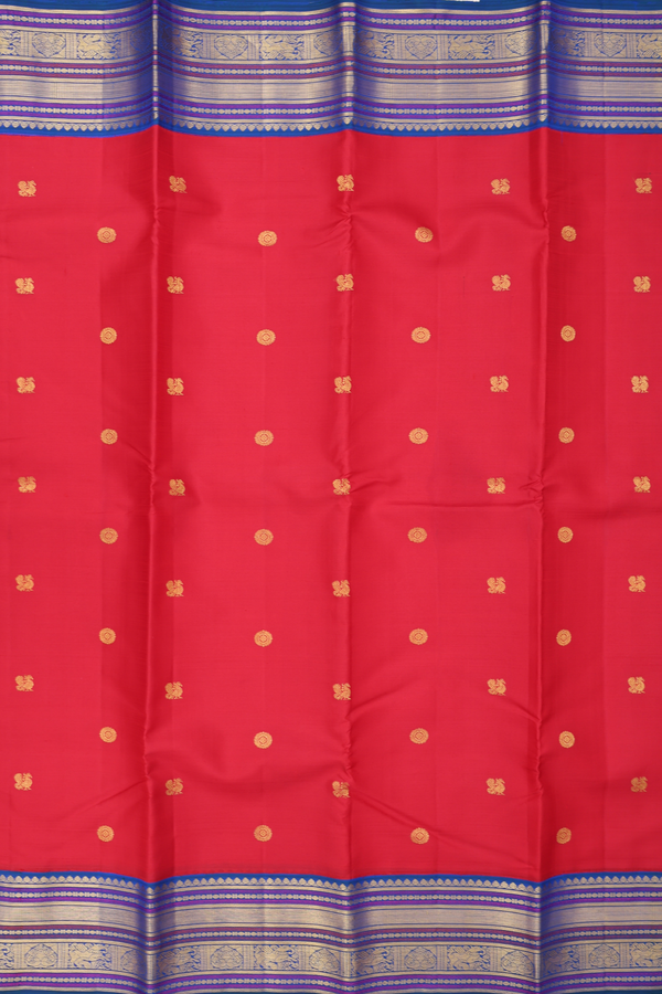 Kanchipuram Silk Saree In Scarlet Red With Peacock Buttas