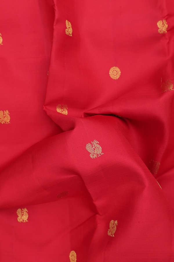 Kanchipuram Silk Saree In Scarlet Red With Peacock Buttas