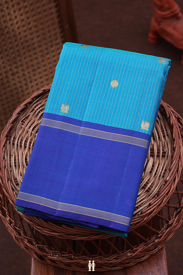 Kanchipuram Silk Saree In Peacock Blue With Stripes Design