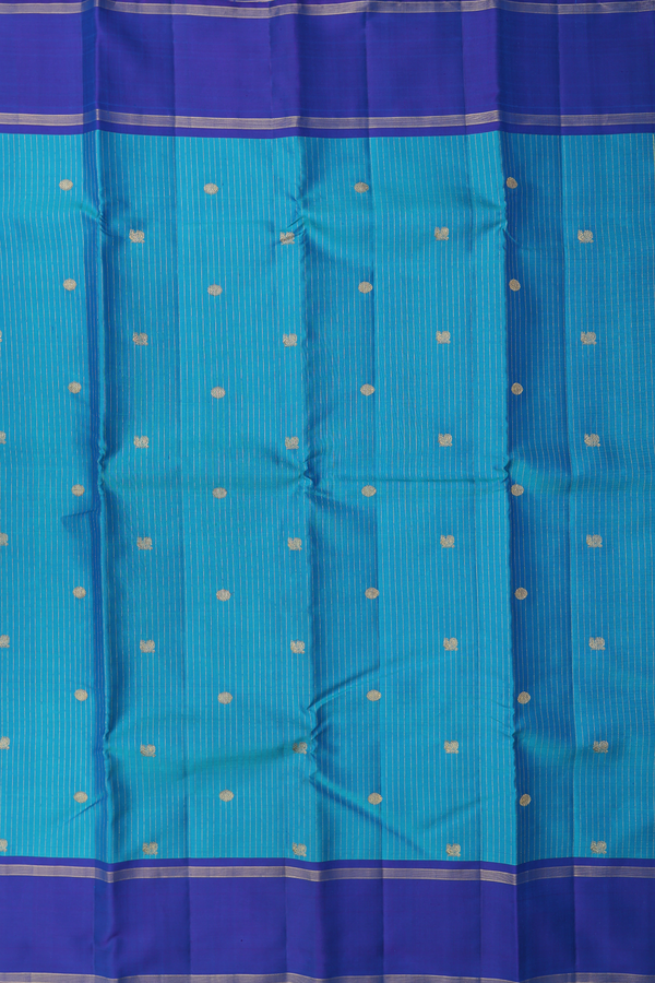 Kanchipuram Silk Saree In Peacock Blue With Stripes Design