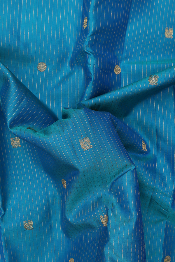 Kanchipuram Silk Saree In Peacock Blue With Stripes Design