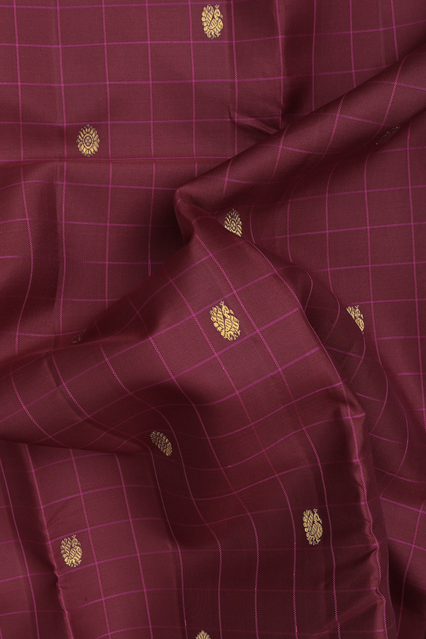Kanchipuram Silk Saree In Ruby Red With Checks Along Buttas