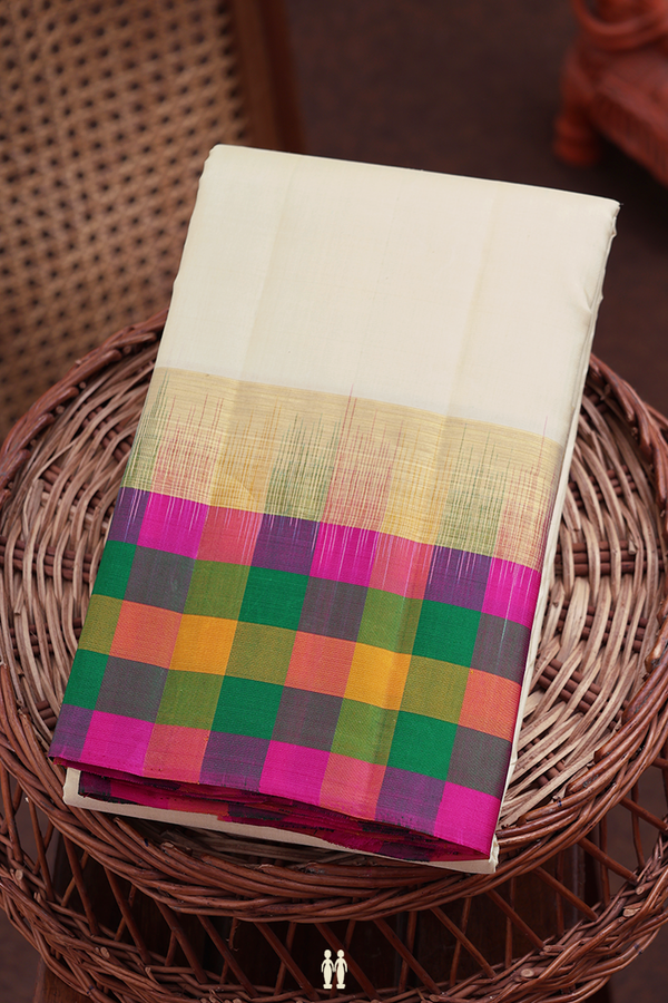 Kanchipuram Silk Saree In Cream Color With Checks Border
