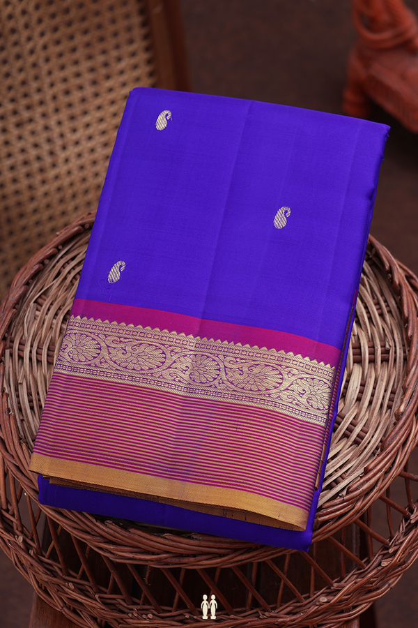 Kanchipuram Silk Saree In Royal Blue With Paisley Buttas