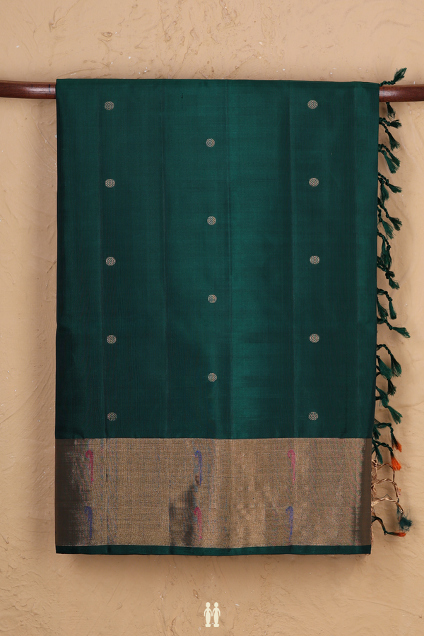 Soft Silk Saree In Forest Green With Rudraksh Buttis