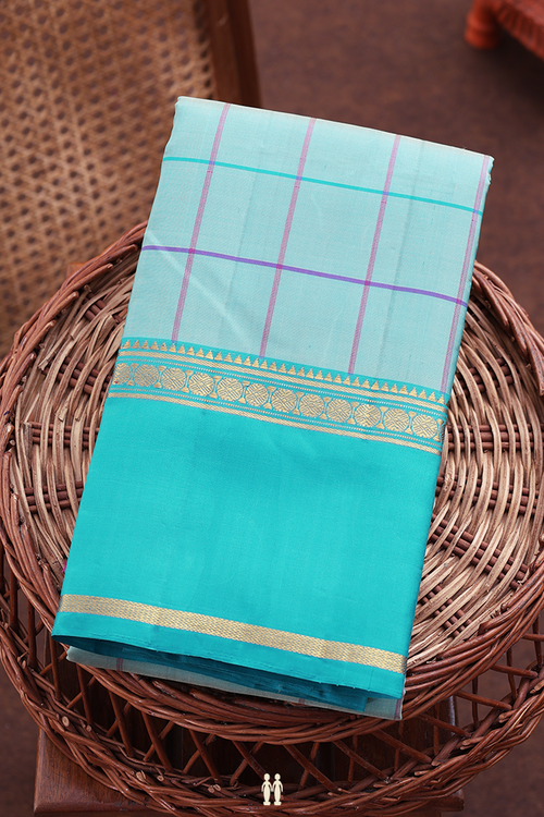 Kanchipuram Silk Saree  In Light Blue With Checks Design