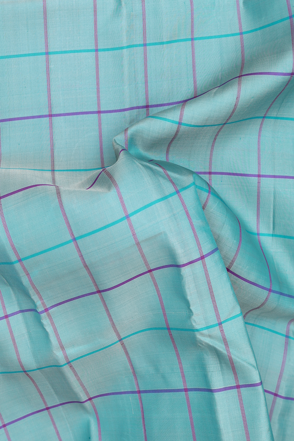 Kanchipuram Silk Saree  In Light Blue With Checks Design
