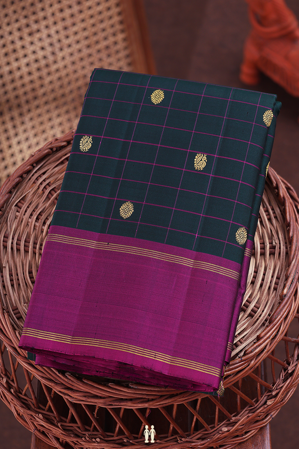 Kanchipuram Silk Saree In Dark Green With Checks Design