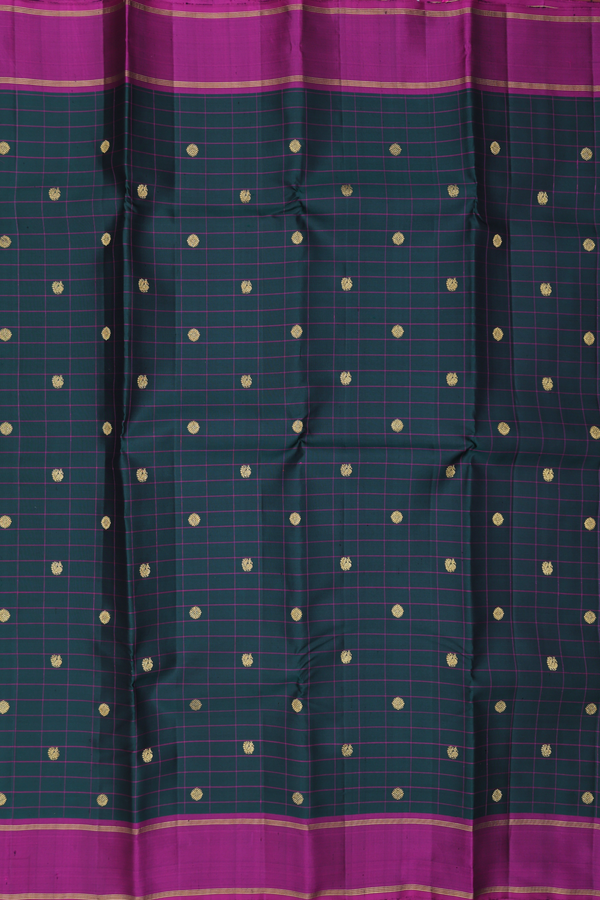 Kanchipuram Silk Saree In Dark Green With Checks Design