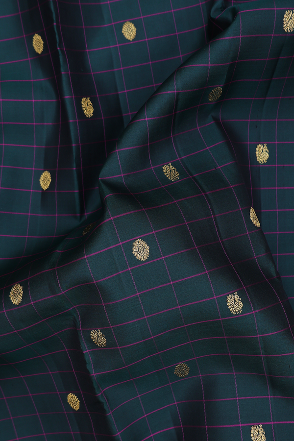 Kanchipuram Silk Saree In Dark Green With Checks Design