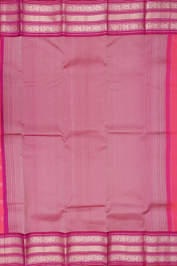 Kanchipuram Silk Saree In Coral Pink With Peacock Buttas
