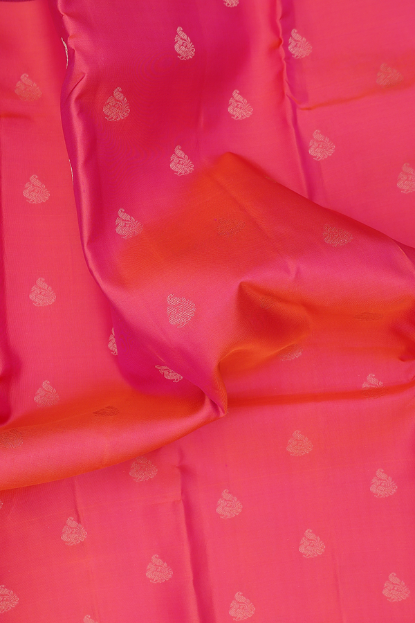 Kanchipuram Silk Saree In Coral Pink With Peacock Buttas