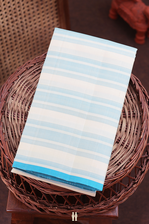 Kanchipuram Silk Saree In White And Blue With Stripes Design