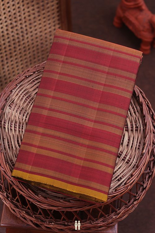 Kanchipuram Silk Saree In Red And Brown With Stripes Design