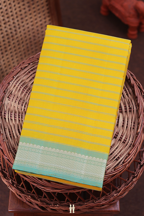 Kanchipuram Silk Saree In Royal Yellow With Stripes Design