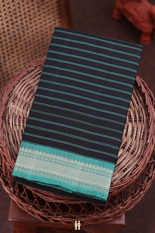Kanchipuram Silk Saree In Black With Stripes Design