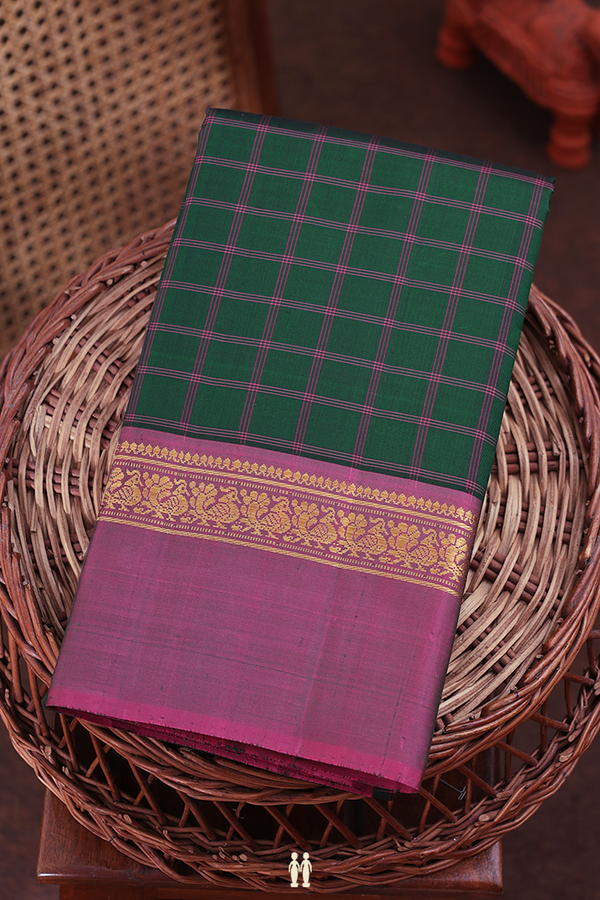 Kanchipuram Silk Saree In Forest Green With Checks Design