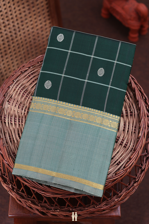 Kanchipuram Silk Saree In Forest Green With Checks Design