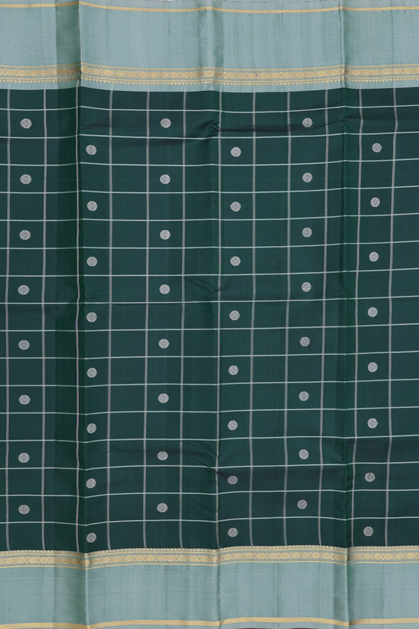 Kanchipuram Silk Saree In Forest Green With Checks Design