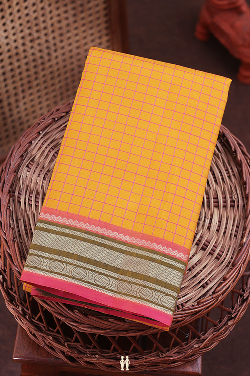 Kanchipuram Silk Saree In Yellow With Checks Design