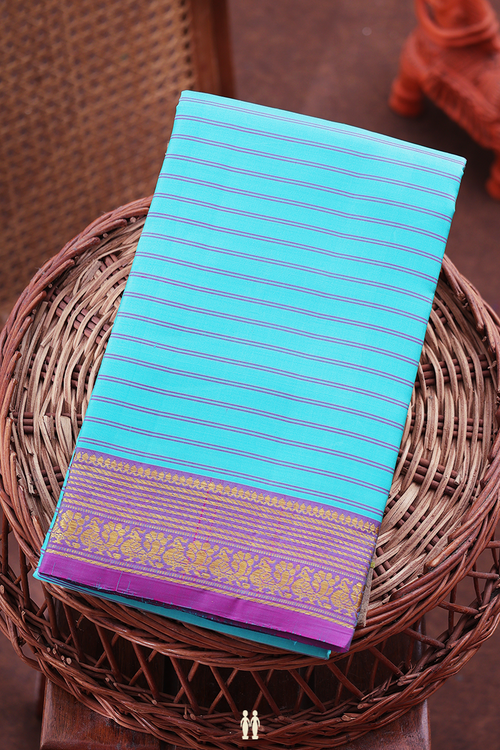 Kanchipuram Silk Saree In Blue With Stripes Design