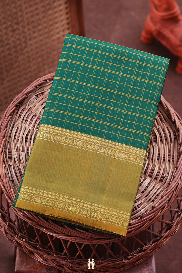 Kanchipuram Silk Saree In Forest Green With Checks Design