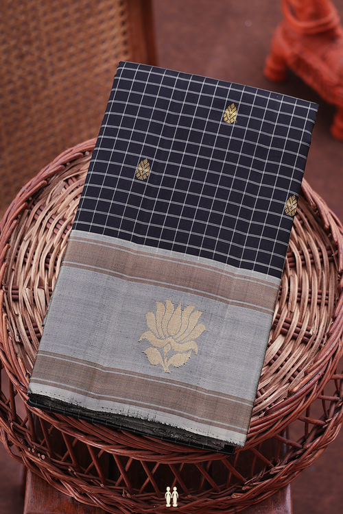 Kanchipuram Silk Saree In Black With Checks Design