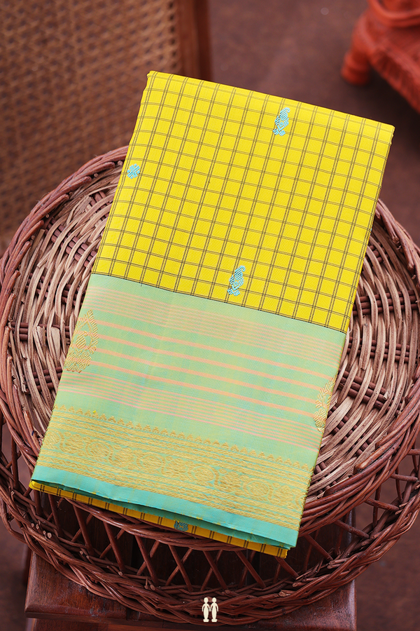 Kanchipuram Silk Saree In Yellow With Checks Design