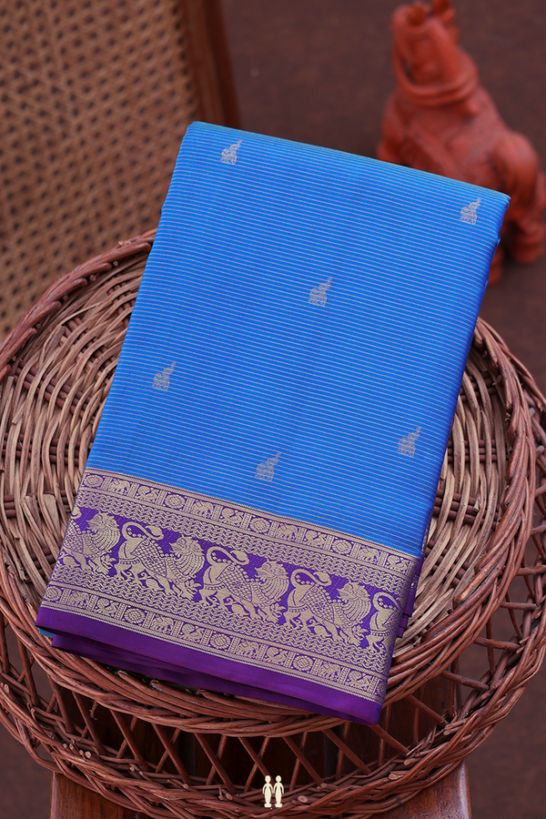 Kanchipuram Silk Saree In Blue Along Stripes With Buttas