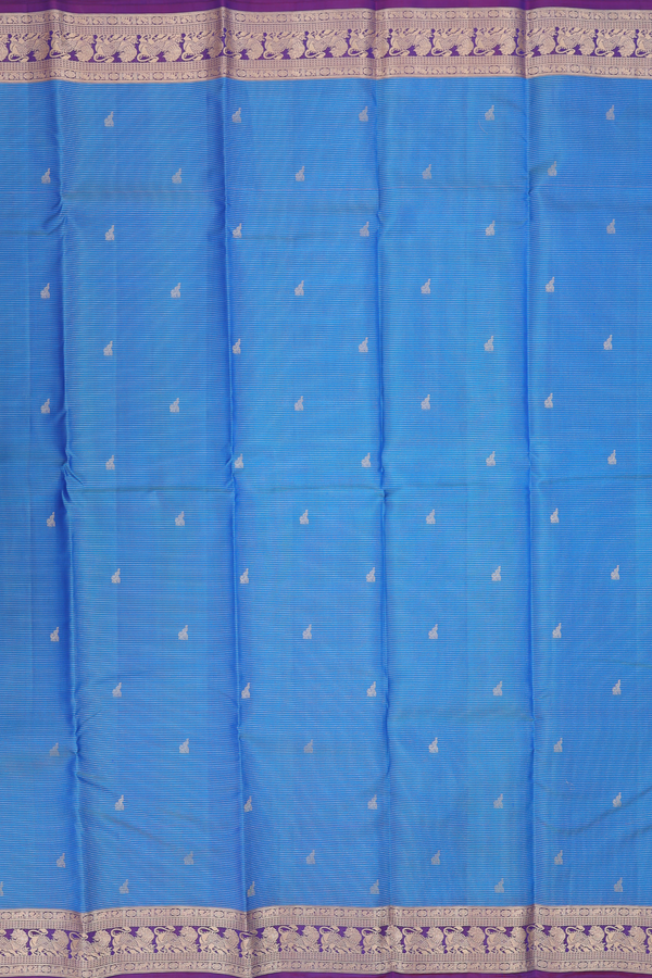 Kanchipuram Silk Saree In Blue Along Stripes With Buttas