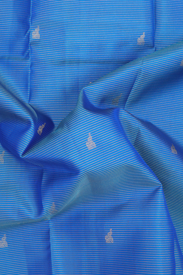 Kanchipuram Silk Saree In Blue Along Stripes With Buttas