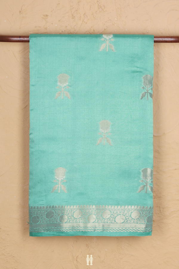 Raw Silk Saree In Tiffany Blue With Floral Buttas