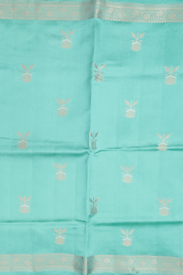 Raw Silk Saree In Tiffany Blue With Floral Buttas
