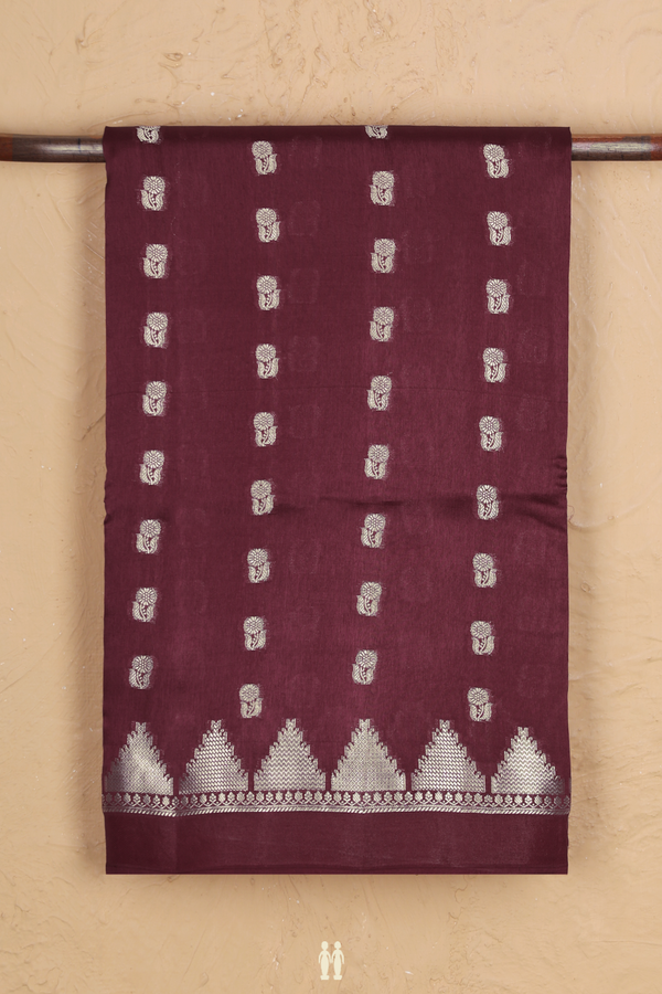 Raw Silk Saree In Burgundy Red With Floral Buttas