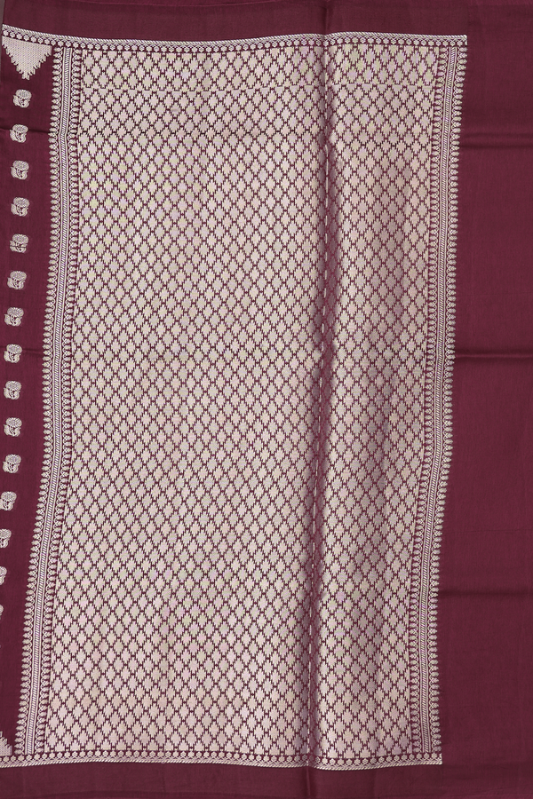 Raw Silk Saree In Burgundy Red With Floral Buttas