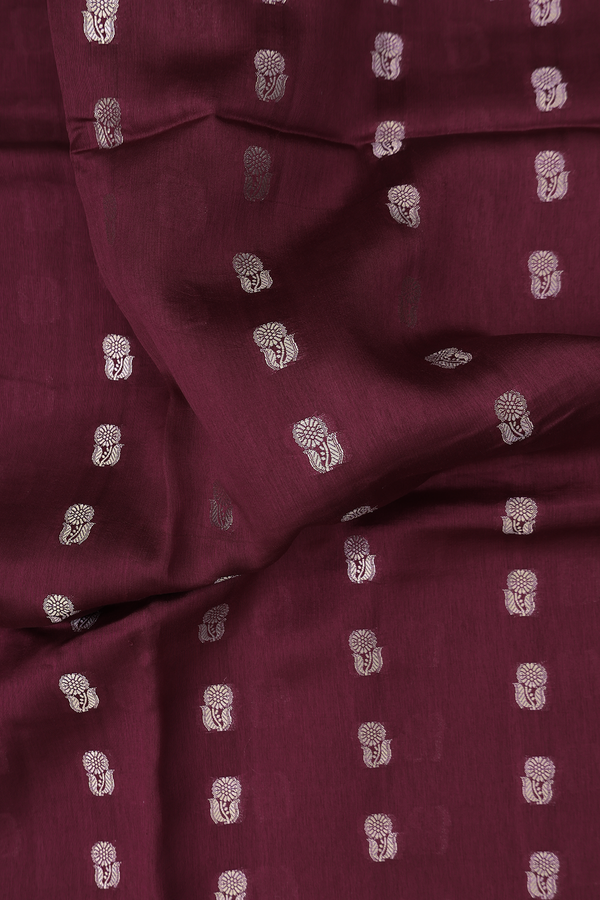 Raw Silk Saree In Burgundy Red With Floral Buttas