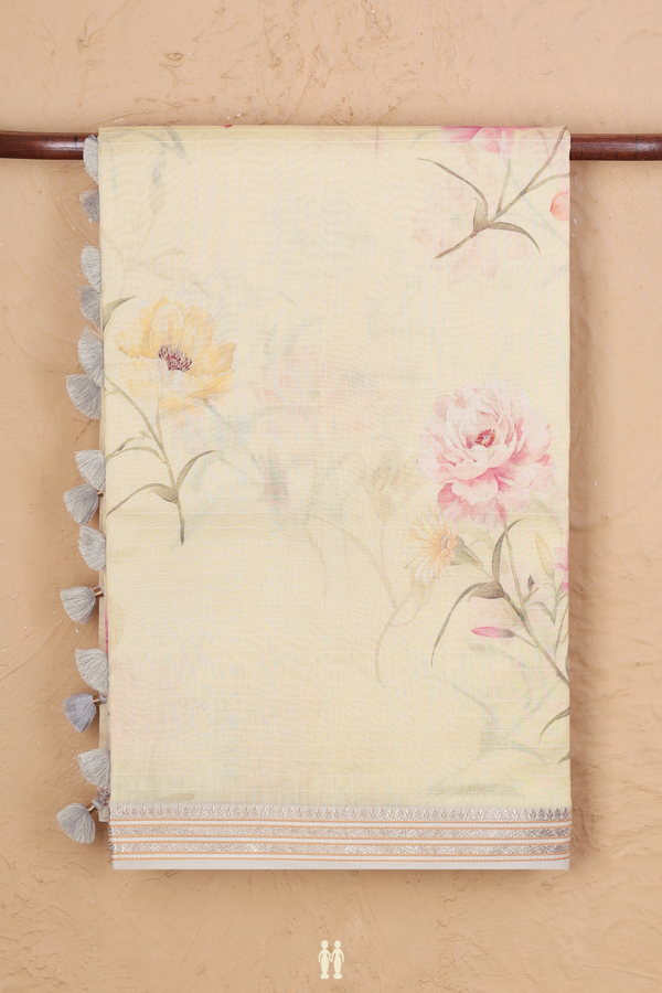 Chanderi Silk Cotton Saree In Cream Color With Floral Design