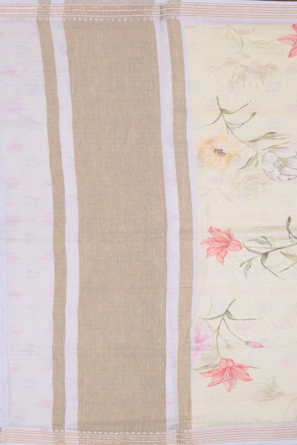 Chanderi Silk Cotton Saree In Cream Color With Floral Design