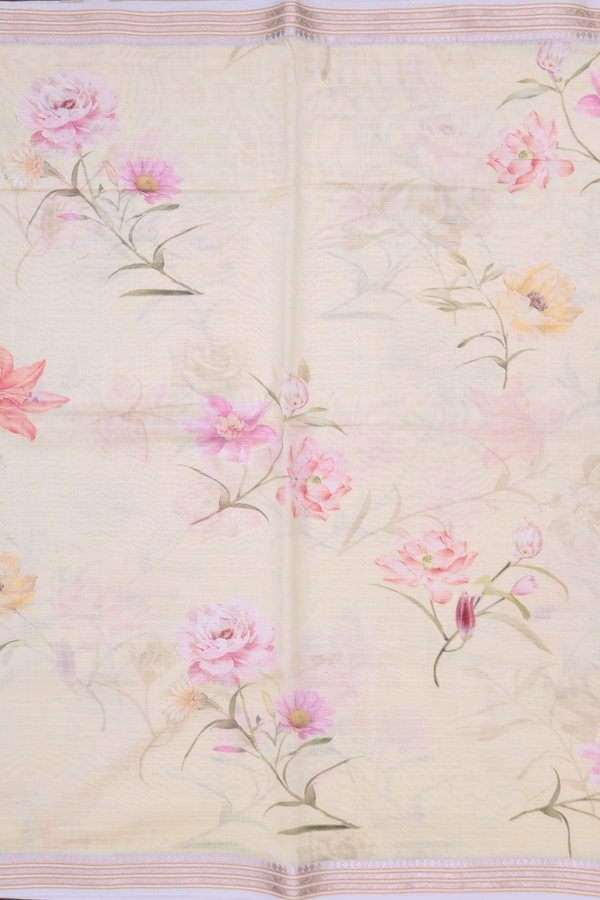 Chanderi Silk Cotton Saree In Cream Color With Floral Design