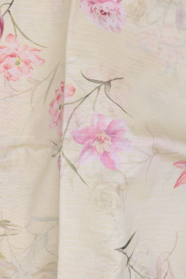Chanderi Silk Cotton Saree In Cream Color With Floral Design