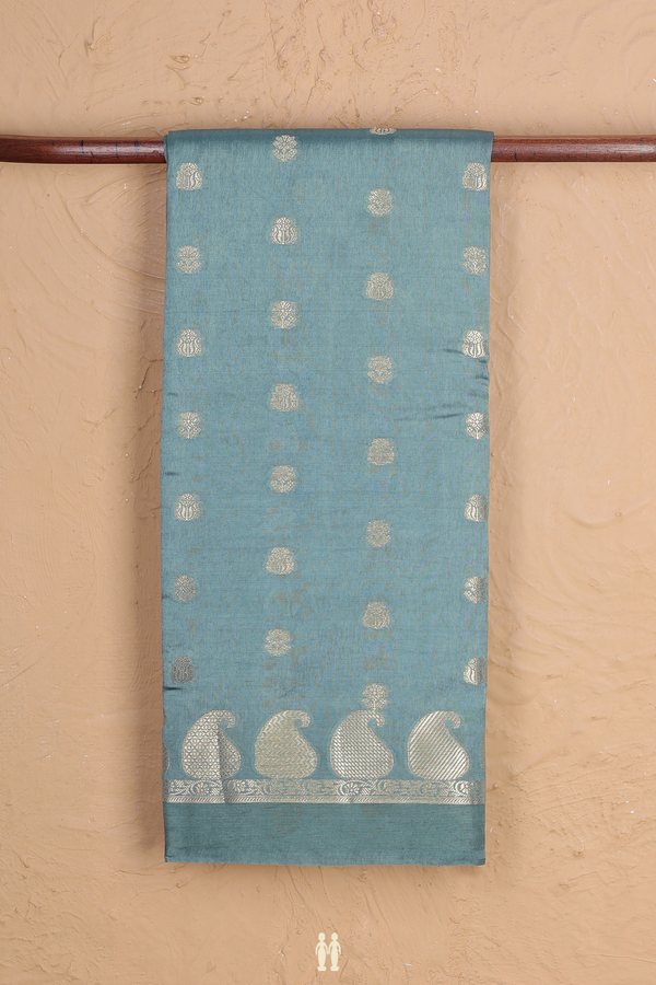 Raw Silk Saree In Dusty Blue With Floral Buttas