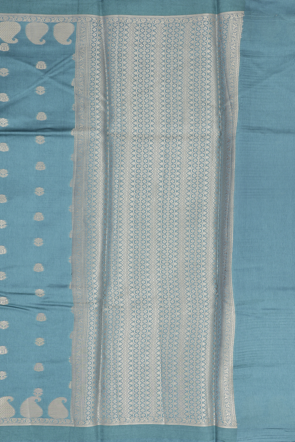 Raw Silk Saree In Dusty Blue With Floral Buttas
