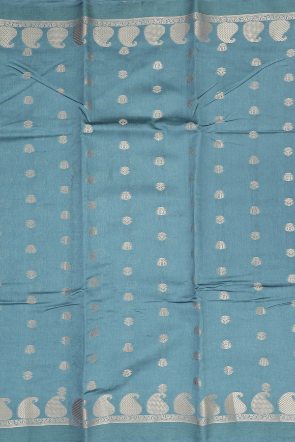 Raw Silk Saree In Dusty Blue With Floral Buttas