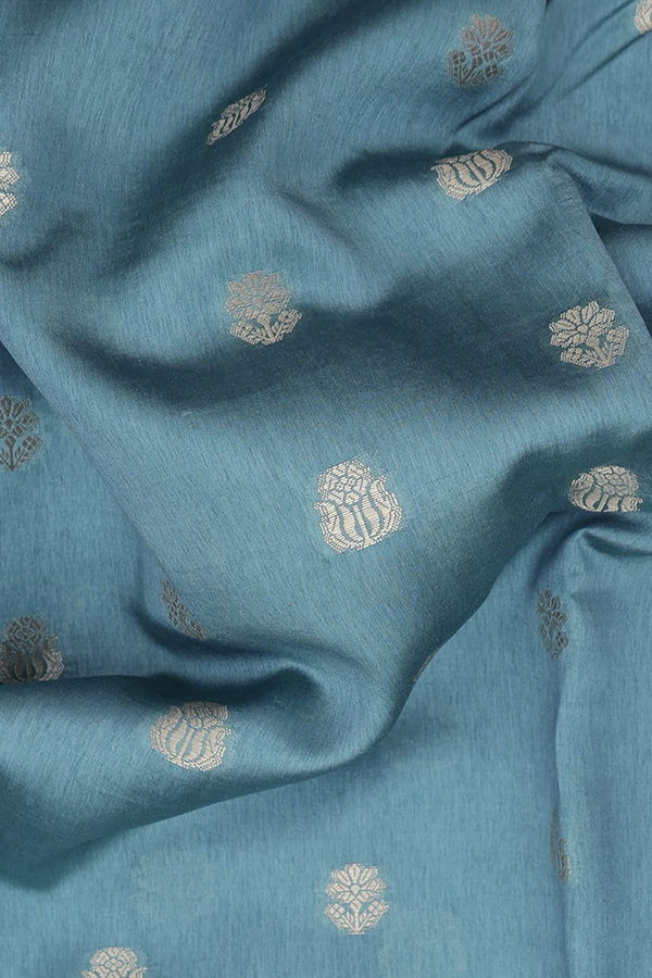 Raw Silk Saree In Dusty Blue With Floral Buttas