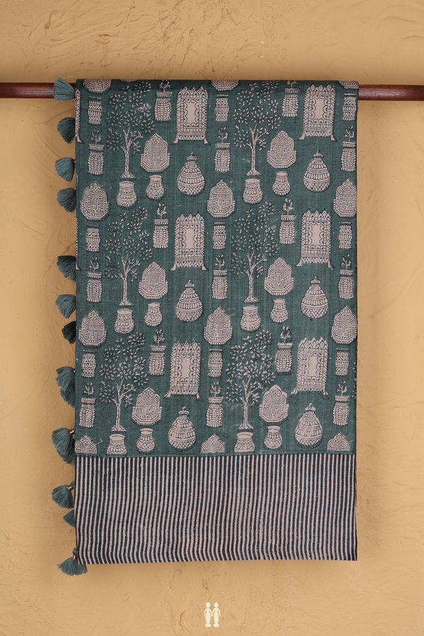 Tussar Silk Saree In Dark Green With Printed Design